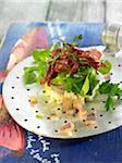 Trout and apple tartare with mixed lettuce salad and Spanish raw ham