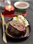 Roast bison with Grand veneur sauce,mixed mashed potatoes and celeriac
