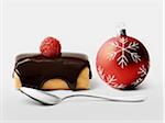 Chocolate and raspberry individual log cake and Christmas tree ball