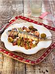 Grilled sardines and Migas with pepper and green olives