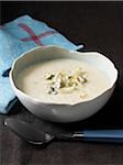 Cream of celeriac soup with roquefort and pear