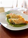 Ricotta and zucchini flower filo pastry rolls