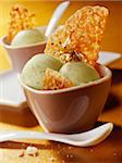 Green tea ice cream and ginger tuile biscuits