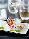 Petit-Suisse with strawberries ,mint and basil coulis