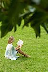 Young woman sitting on grass reading book, high angle view