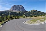 Hairpin Turn, Passo Gardena, and Mount Langkofel, Dolomites, South Tyrol, Trentino-Alto Adige, Italy