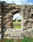 Mattersey Priory. View looking through refectory window towards church.