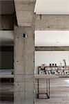 Sakura flat, Private House, Detail of concrete column and beams in modern openplan home concrete column. Architects: Hitoshi Wakamatsu Architect and Associates