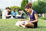 Young woman reading book on grass, group of young people in background