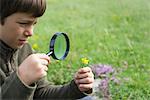 Boy looking at flower through magnifying glass