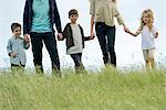 Family holding hands together outdoors, cropped