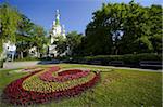 Flower bed in gardens with Church of St. Nicholas the Miracle Maker (The Russian Church), behind, Boulevard Tsar Osvoboditel, Sofia, Bulgaria, Europe