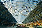 St. Pancras International Railway Station, Olympischen Ringen und Eurostar Züge, London, England, Vereinigtes Königreich, Europa