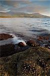 Looking across Brodick Bay to the Arran mountains and the peak of Goatfell, Brodick, Isle of Arran, Scotland, United Kingdom, Europe