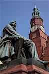 Aleksander Fredro statue and City Hall, Old Town, Wroclaw, Silesia, Poland, Europe