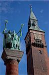 Town Hall Clocktower and statues, Copenhagen, Denmark, Scandinavia, Europe