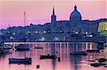 Sunrise over Msida Creek to Valletta with Dome of Carmelite Church, Valletta, Malta, Mediterranean, Europe