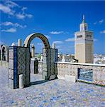 View over city and Great Mosque from tiled roof top, Tunis, Tunisia, North Africa, Africa