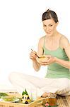 Woman eating chinese meals