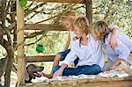 Children looking at a dog from tree house