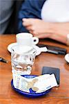 Euro banknotes and coins with bill on a table in a restaurant, Paris, Ile-de-France, France