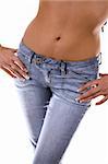 woman wearing blue jeans, body shot of stomach