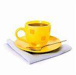 Glass cup of tea with lemon on white background