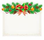 Vector illustration of Christmas decorative frame evergreen branches, red ribbon, pinecones, holly leaves, berries and red bow