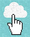 Cursor icon hand clicking on a cloud with icons of social media on blue background. Vector file available.