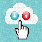 Cursor hand clicking on a cloud with icons of social media and arrows up and down on blue background.   Vector file available.