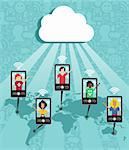 Cloud computing social team under cloud with cell phone connection on blue background.  Vector file available.