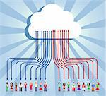 Cloud computing social team under cloud with arrows going up and down on blue background.  Vector file available.