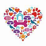 Heart shape made with pets care icons set.