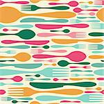 Cutlery icon seamless pattern background. Fork, knife and spoon silhouettes on different sizes and colors. Vector available.