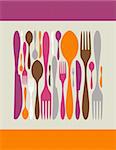 Square made by cutlery icons. Fork, knife and spoon silhouettes on diferent sizes and colors. Vector avaliable.