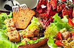 Delicious chicken kebab with salad and homemade bread