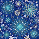 Christmas blue effortless pattern with gold snowflakes and stars (vector)