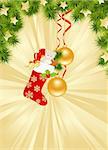 Christmas gold background with decorations. Vector illustration.