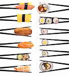 Set of 12 different pieces of sushi forming 2 rows isolated on white.