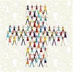 Taked by hands people group in plus symbol shape. Social icons set pattern background.