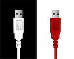 USB cables in red and white on black and white background. Vector file available.