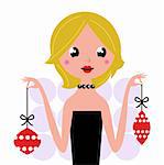 Cute retro woman holding xmas balls. Vector vintage Illustration.