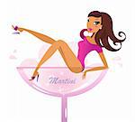 Woman sitting in alcohol glass showing her legs. Vector retro Illustration