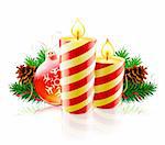 Vector illustration of Christmas decorative composition with evergreen branches, pine cones and candles