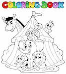 Coloring book animals in tent - vector illustration.