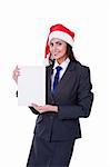 Christmas businesswoman in santa hat with blank billboard on white background