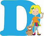 A young girl holding a dog to stand for the letter D