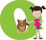 A young girl holding an owl to stand for the letter O