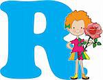 A young girl holding a rose to stand for the letter R