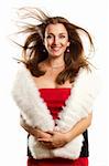 beautiful woman in red dress with furs against white backgrounds